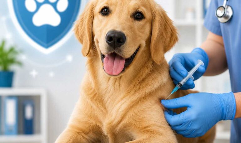 a dog is smiling as it gets rabies vaccine for your pet