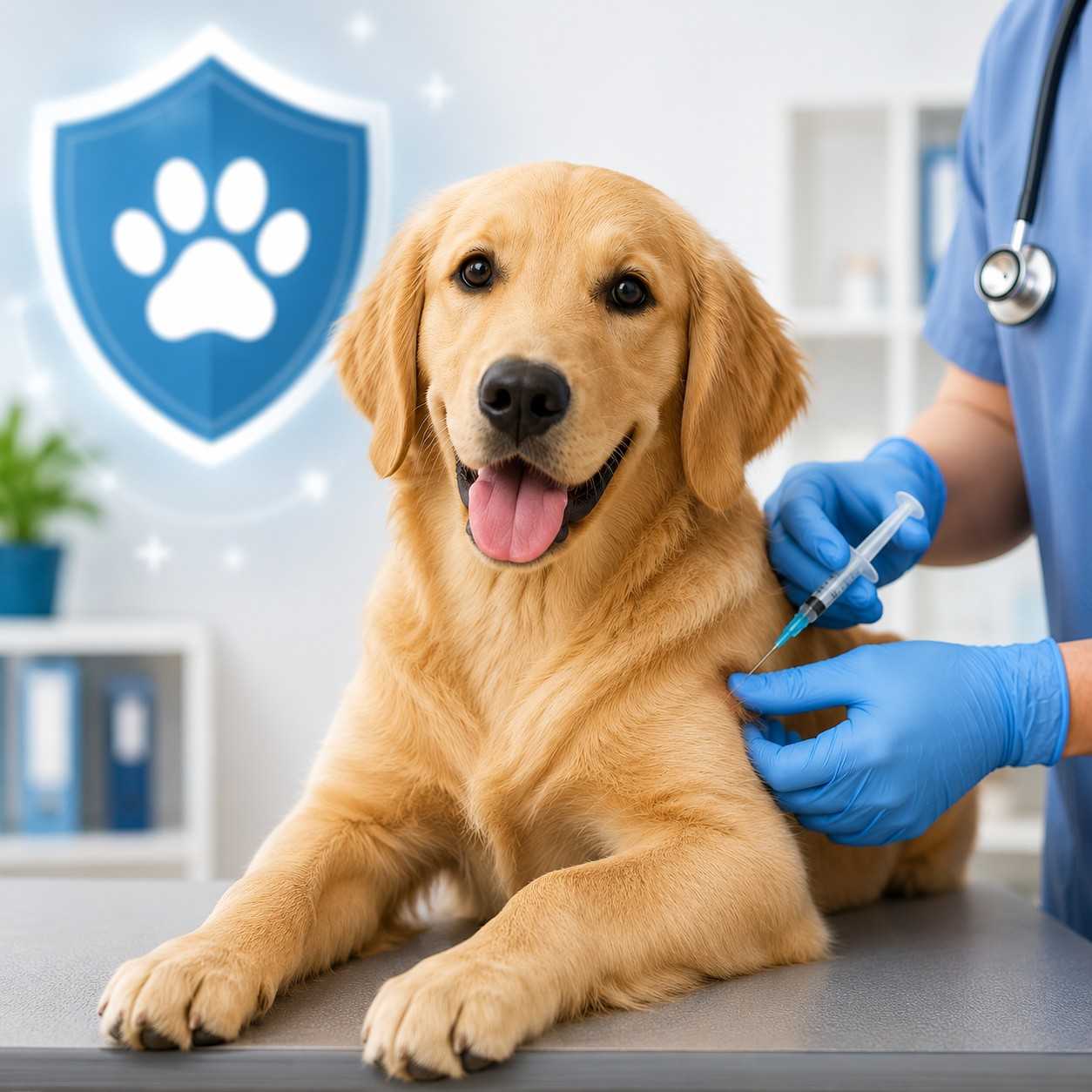 a dog is smiling as it gets rabies vaccine for your pet