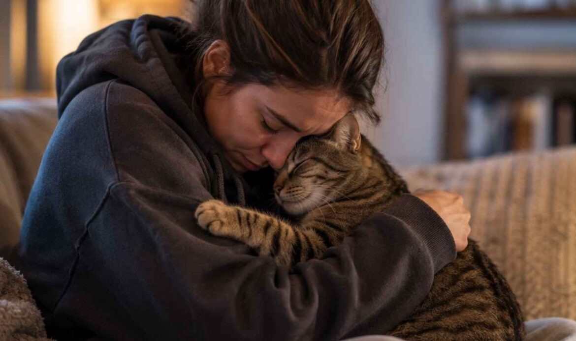 a lady is hugging a cat as cat can reduce stress in humans