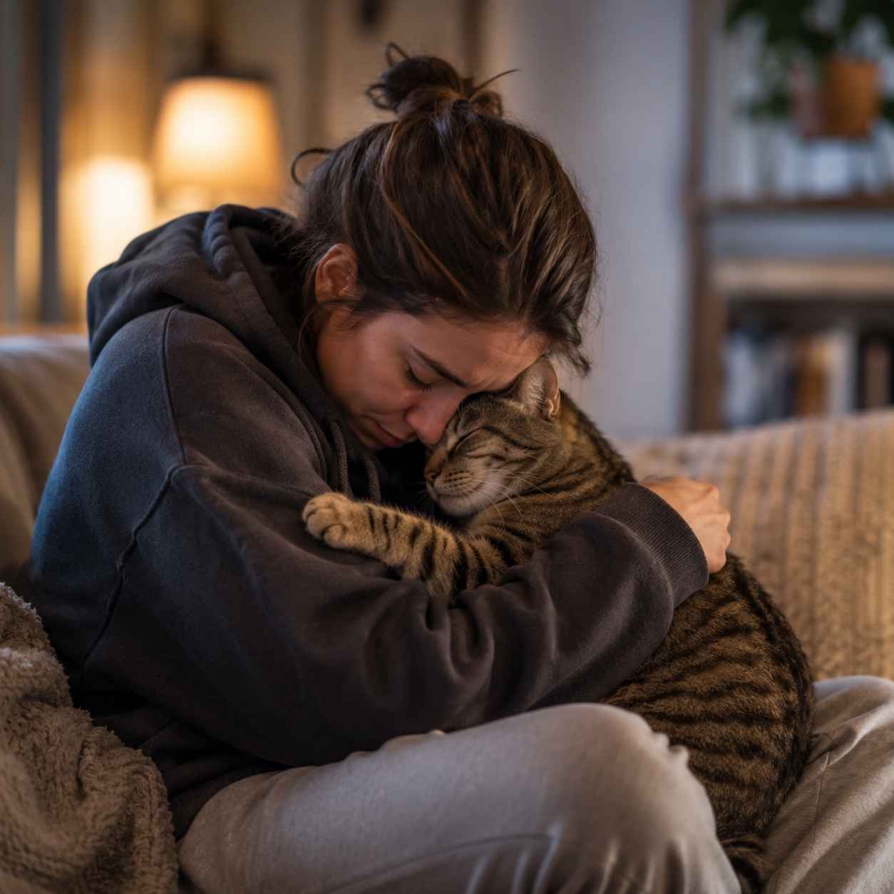 a lady is hugging a cat as cat can reduce stress in humans