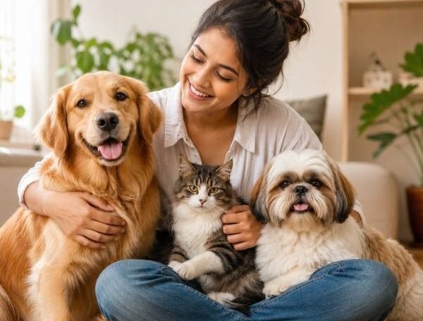a lady is surrounded by her pets and thinking about Fruits Dogs Can Eat