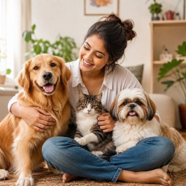 a lady is surrounded by her pets and thinking about Fruits Dogs Can Eat