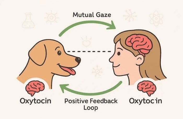 image shows how oxytocin increases in both pet owner and dogs and Dog owner petting his dog and Dogs Increase Oxytocin