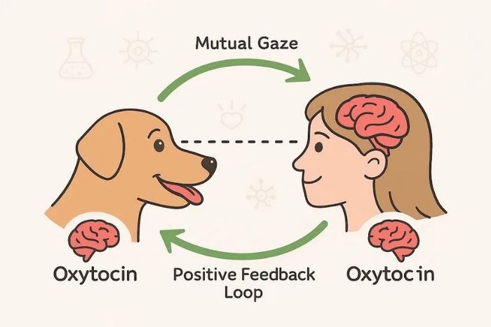 image shows how oxytocin increases in both pet owner and dogs and Dog owner petting his dog and Dogs Increase Oxytocin