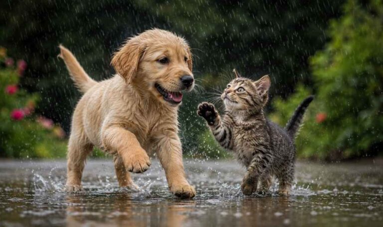 a puppy and a kitten are playing in rain and requires Monsoon Care for Pets in Kolkata