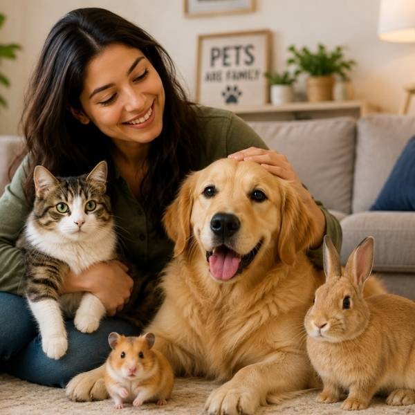 a cat, a dog, a hamster and a rabbit together with a lady are happy after visiting the Best Pet Hospital in Santoshpur