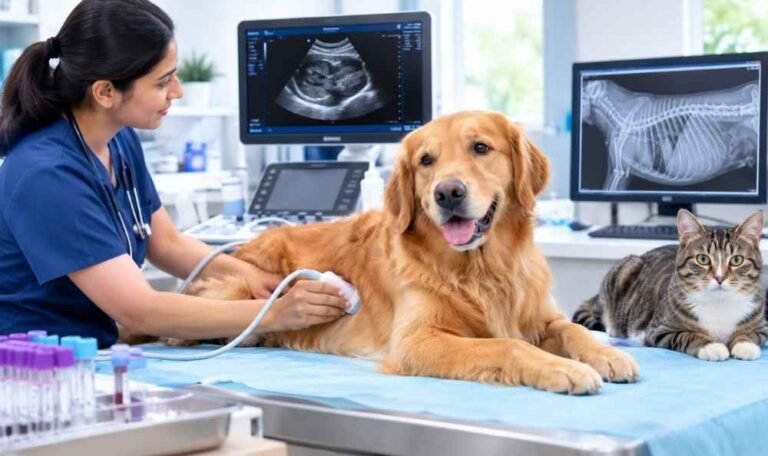 A vet is performing Pet Diagnostic Tests on a dog