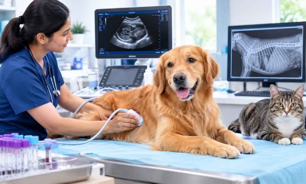 A vet is performing Pet Diagnostic Tests on a dog